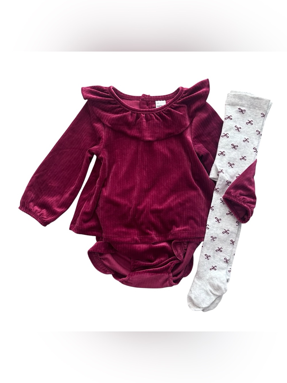 NWT Carters Baby Girl 18M Ruffle Tunic Bloomers Tights Set Burgundy Holiday